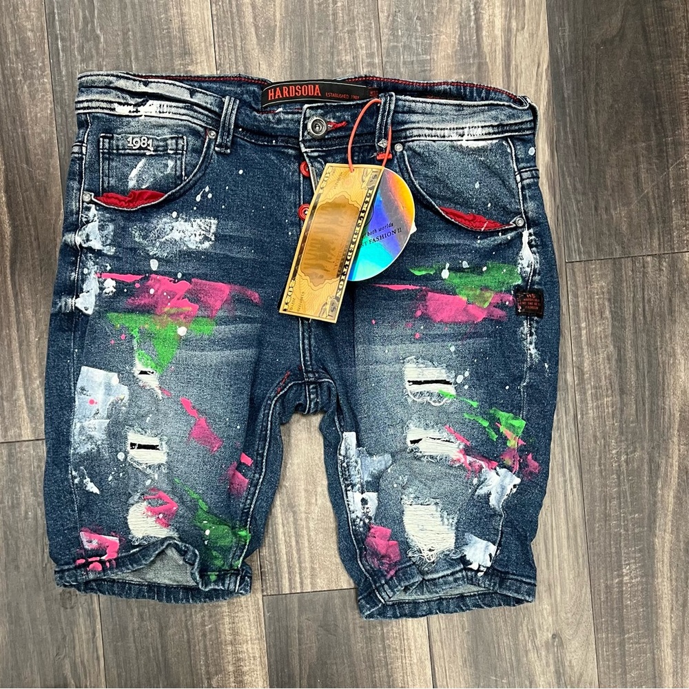Hardsoda Men's Distressed Denim Shorts - Blue with Pink and Green Accents